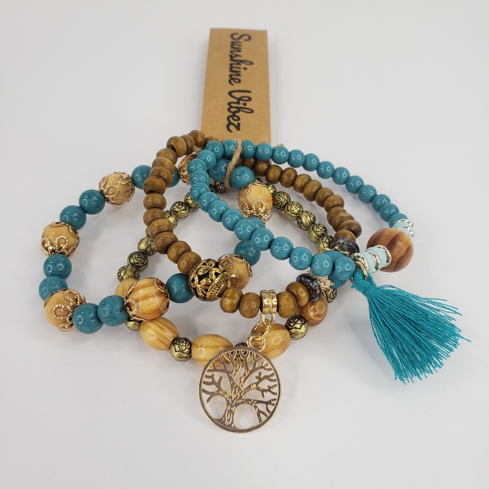 Boho 4 pc Bracelet Turquoise Bohemian Tree of Life Charm Sunshine Vibez - Picture 3 of 5